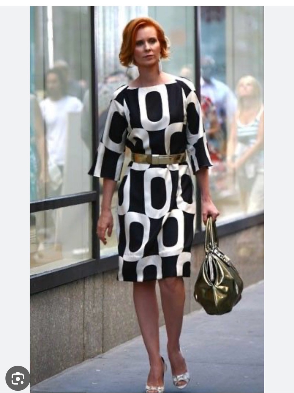 Maggy London Black and White Geometric Midi Dress with Gold Belt